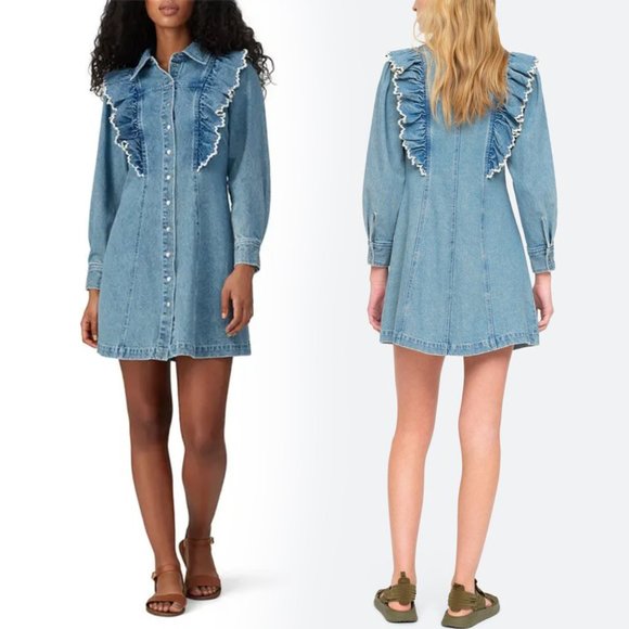 Sea Dresses & Skirts - Sea New York Mara Indigo Blue Denim Ruffle Trim Mini Dress Long Sleeve 2 X-Small